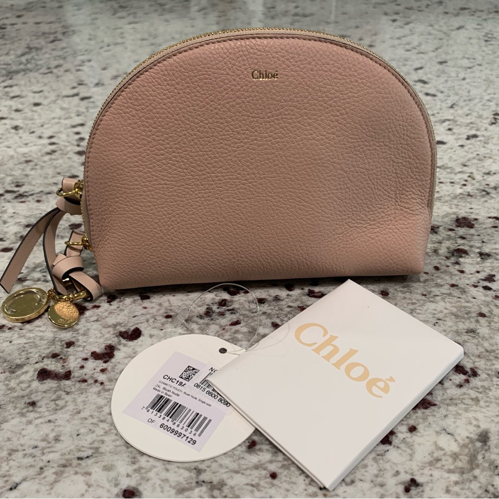 New CHLOE Calfskin Alphabet Round Cosmetic Makeup Case Bag‎ Toiletry Blush Nude
